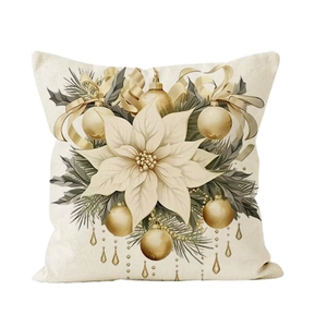 Christmas floral throw pillow cover with golden holiday ornaments on linen fabric