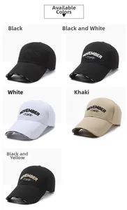 Detailed view of six-panel baseball caps in five colors with November 3D embroidery