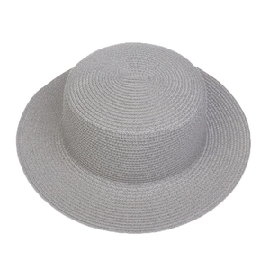 Detailed macro view of the grey woven texture on this flat top straw boater sun hat