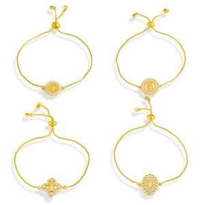 Adjustable gold Virgin Mary bracelets with micro-inlaid white zircon and pull-chain design