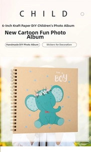 Close-up of a 6-inch kraft DIY photo album with a cute cartoon elephant and spiral binding