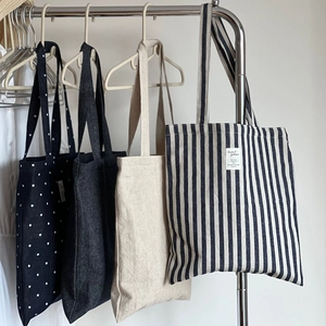 Sac Fourre-Tout En Toile Denim Grande Capacité Rétro Pois Rayures Sac À Main Épaule Femmes Loisirs École Voyage