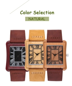 Three variants of square wood watches with Roman numeral dials and leather straps