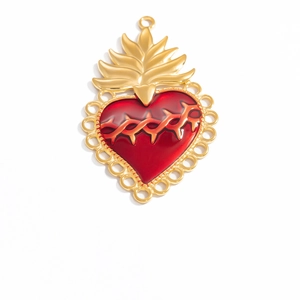 Gothic 18k gold plated stainless steel sacred heart pendant with red enamel and flames
