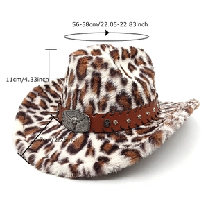 Women's leopard print plush cowboy hat with brown leather band and bull head buckle
