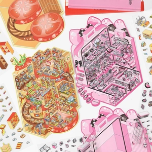Cartoon style scrapbooking stickers with micro landscape scenery and vibrant illustrations