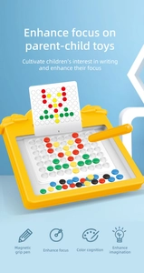 Close-up of magnetic drawing board with stylus, colorful beads, and pattern cards for kids
