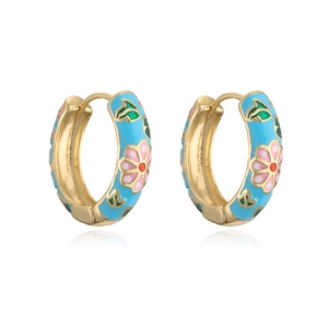 Blue enamel floral hoop earrings in 18K gold plated copper with pink flowers