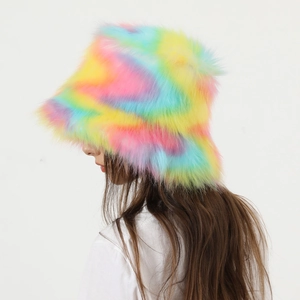 Detail of colorful rainbow faux fur bucket hat showing soft texture and fuzzy plush fibers