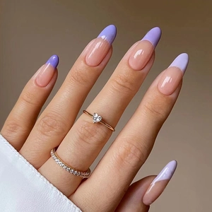 Taro Purple French Tip Press On Nails Almond Shape Glossy Fake Nails Gradient Lavender Manicure For Women
