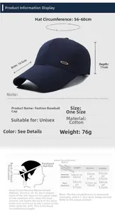 Detailed size chart for breathable mesh baseball cap with 10.5cm long brim measurements