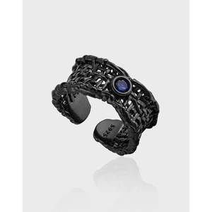 Woven Hollow Design S925 Sterling Silver Ring For Women Blue Zirconia Inlaid Adjustable Finger Ring Classic Cold Style Jewelry