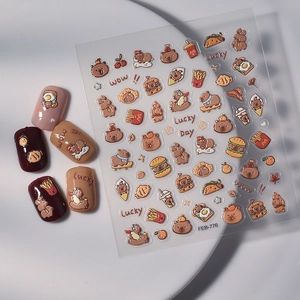 3D embossed nail stickers with cute cartoon capybara, bears, and food snacks for DIY manicure