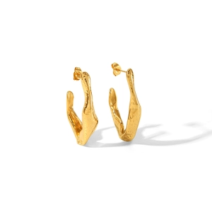 Irregular C-shaped geometric stainless steel earrings in gold finish with lava texture