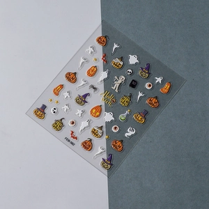Detail view of FEB-562 Halloween nail stickers with ghost and pumpkin embossed patterns