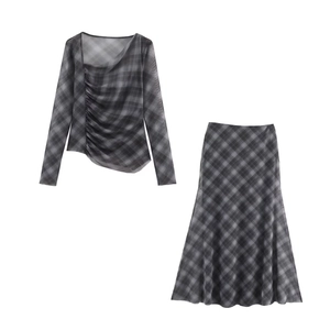 Women Mesh Grid Asymmetrical Pleated Long Sleeve Top And A-Line Midi Skirt Streetwear Casual Outfit