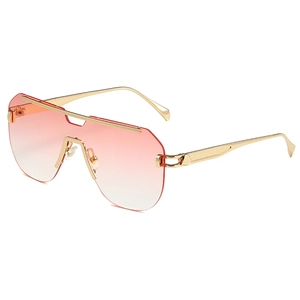 Occhiali da sole oversize senza montatura con lenti rosa sfumate e stanghette in metallo oro