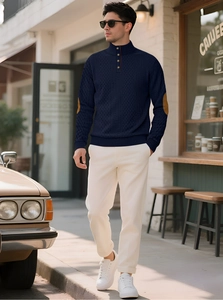 Navy blue knitted long-sleeve polo with stand collar, buttons, and elbow patches