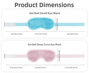 Detailed dimension guide for blue and pink gel bead sleep masks with strap measurements