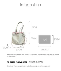 Detailed dimensions of the canvas tote bag showing A4 size comparison and drawstring design