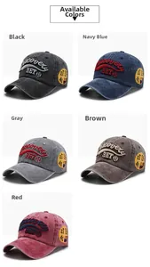 Detailed grid view of vintage washed cotton baseball caps in five assorted colors