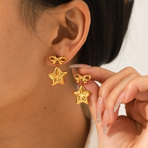 Bowknot Star Dangle Stud Earrings 18K Gold Plated Stainless Steel For Women Elegant Jewelry