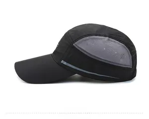 Detail of breathable mesh stitching and reflective strip on sports baseball cap