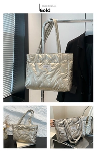 Detail of champagne gold quilted tote bag featuring glossy finish and Fashion label