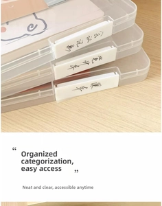 Close-up of stackable transparent A4 document boxes with side labels on a wooden desk