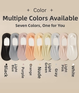 Flat lay of nine colorful invisible ice silk socks with non-slip silicone backing