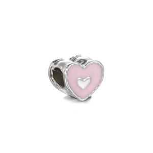 Close-up of heart-shaped silver charm with pink enamel and a small raised silver heart