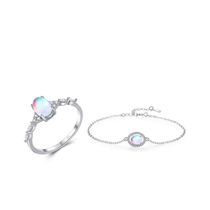 Elegant S925 sterling silver jewelry set featuring oval moonstone ring and bracelet