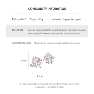 Detail specifications for silver tassel pearl earrings with size 3.4cm height and 2.1cm width