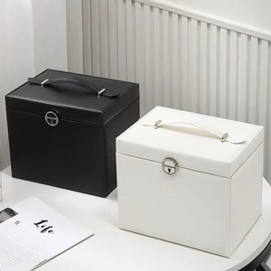 Portable leather jewelry organizer box with large capacity, metal lock and carry handle