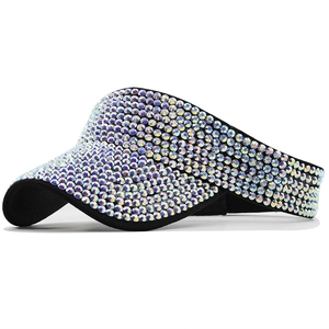Luxury black sun visor hat for women with colorful AB rhinestones in a side view