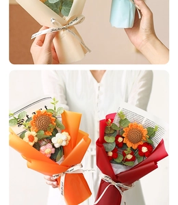 Detail of handmade crochet sunflower and rose bouquet with elegant ribbon and paper wrapping