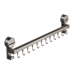 Gunmetal suction cup kitchen rack with 12 movable hooks on a wall-mounted bar