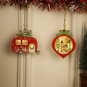 LED wooden Christmas ornaments set with camper and village scene warm glow lighting
