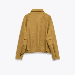 Back view of slim fit faux suede bomber jacket in ginger yellow with raglan sleeves