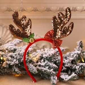 Christmas reindeer antler headband with gold sequins, red bow and festive bell ornament