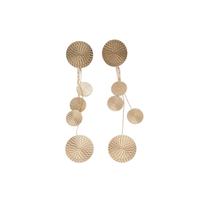 Golden multi-layered geometric round tassel earrings with textured spiral weaving pattern