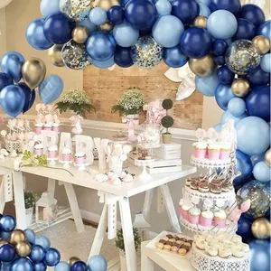 Navy blue and metallic gold balloon arch kit with confetti for baby shower party decoration