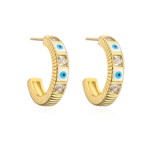 Gold-plated C-shaped earrings with blue evil eye patterns and clear cubic zirconia stones