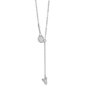 Detail of silver badminton racket necklace with cubic zirconia and mini pearl shuttlecock