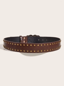 Brown leather punk belt with double rows of gold studs shown in a professional studio shot