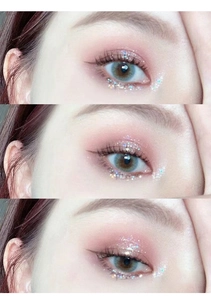 Close-up of pink glitter eyeshadow gel applied on eyes with sparkling sequins for stage makeup