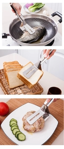 Detail shots of stainless steel tongs flipping fish, steaks, and bread in a kitchen