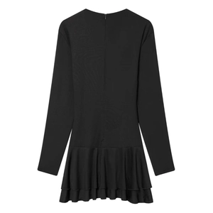 Chic black long sleeve mini dress featuring waist pleats and double layered ruffle hemline