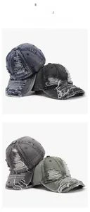 Detailed comparison of distressed denim baseball caps in four vintage washed colors