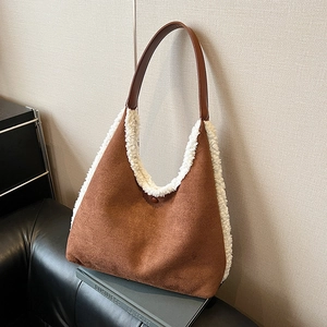 Women Plush Suede Patchwork Tote Bag Large Capacity Faux Fur Trim Shoulder Handbag Autumn Winter Casual Hobo Bag